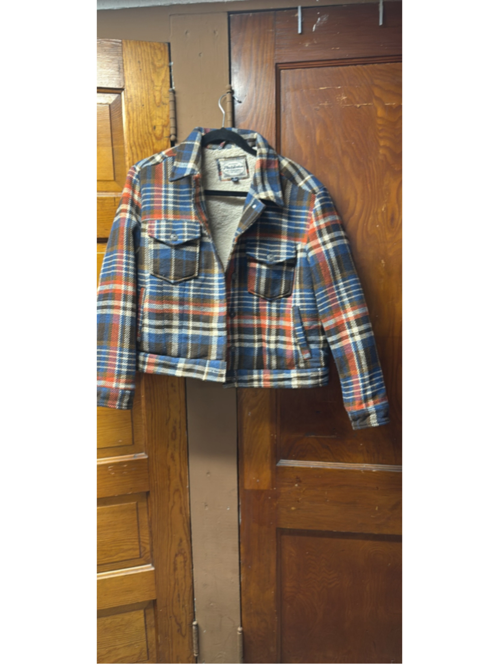 Men's Flag & Anthem Plaid Sherpa-Lined Shirt Jacket, Size S, Blue/Orange